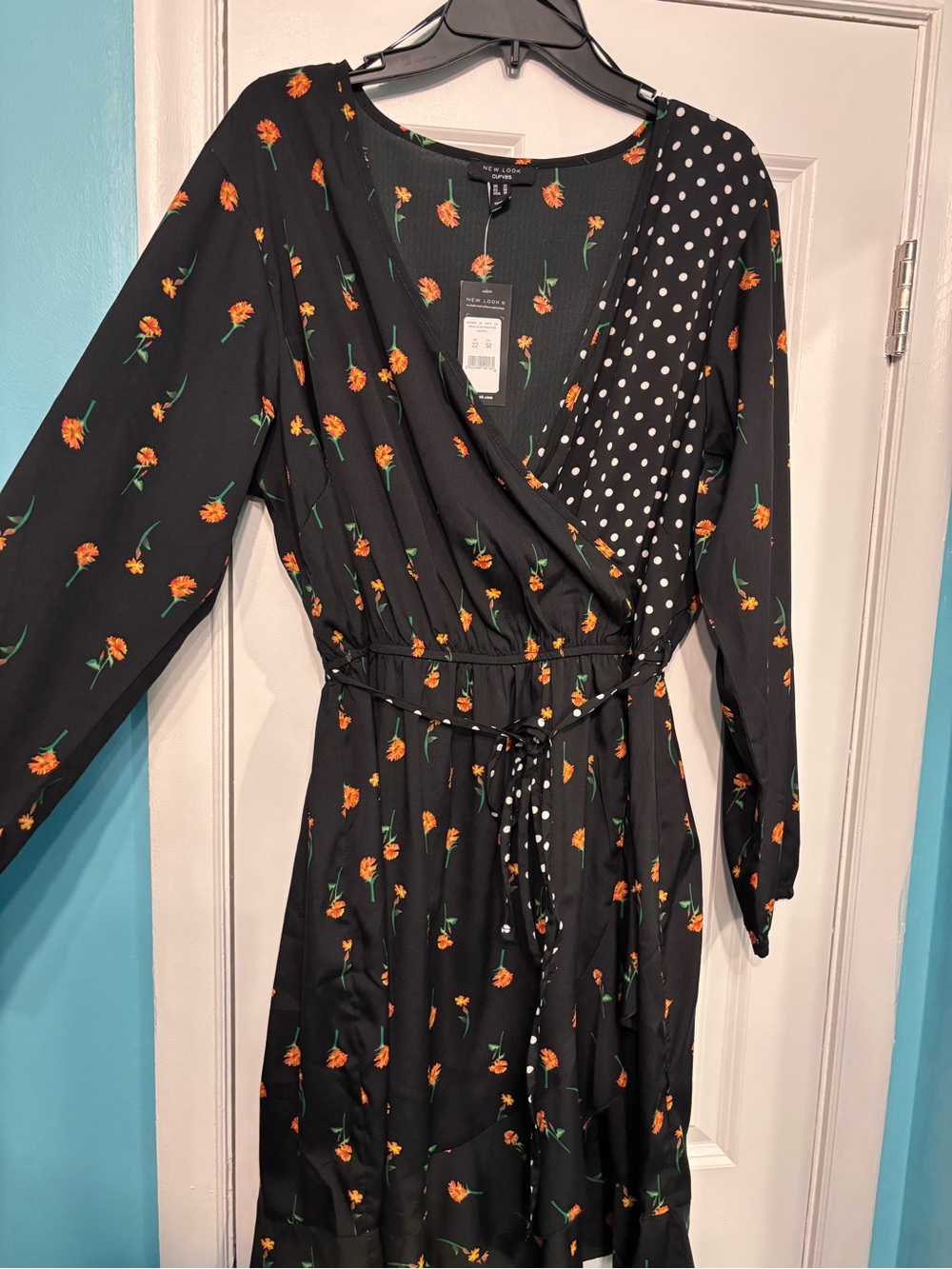 New Look Black Wrap Dress with Orange Floral Print